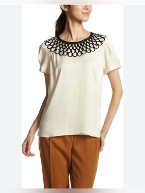 MILLY Silk Stretch Scallop Trimmed Neckline Blouse Quiet Luxury Ivory USA Made 4